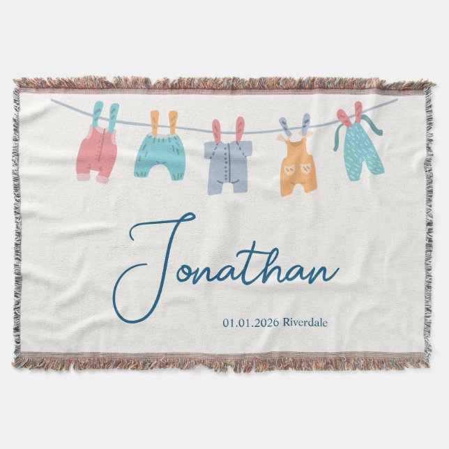 Manta New Baby, Name, Date, Minimal Cute Clothline (Anverso)