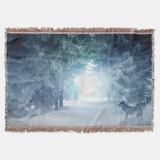 Manta Nieve de invierno con lobos en bosque evergreen (Anverso)