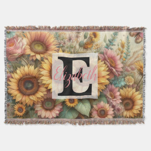 Manta Nombre del monograma en las flores acuarelas vinta