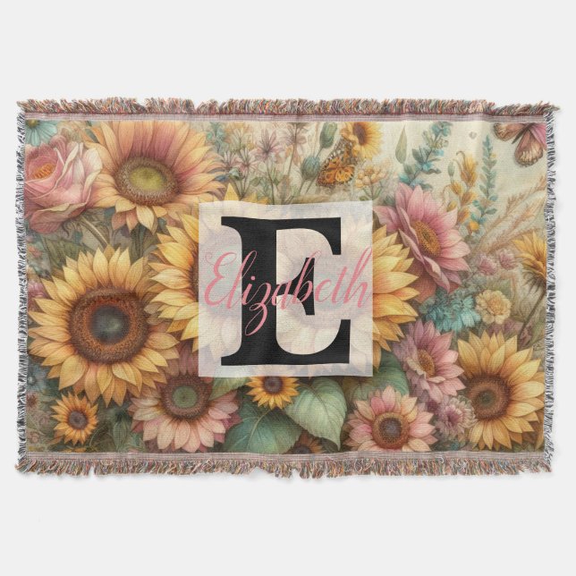 Manta Nombre del monograma en las flores acuarelas vinta (Anverso)