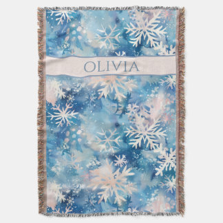 Manta Nombre personalizado, copos de nieve acuarela azul