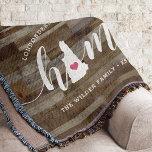Manta Nuevo Hampshire Home State Personalizado Wood Look<br><div class="desc">Muestra algo de orgullo en el estado de casa con esta bonita y rústica manta de tiros de madera en imitación de "casa" con letras en letras de caligrafía blanca con un mapa de siluetas del estado de New Hampshire representando la letra "O". Un ilustracion de corazón rosa dentro del...</div>