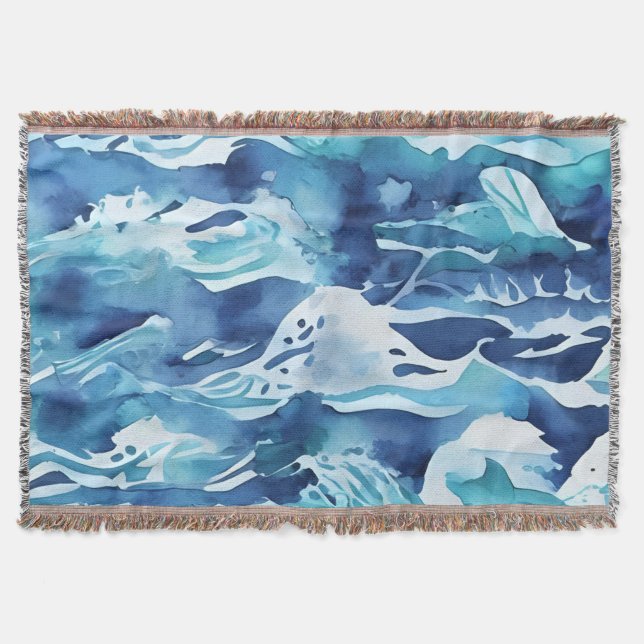 Manta Olas del Océano | Acuarela Verde Azul Turquesa (Anverso)