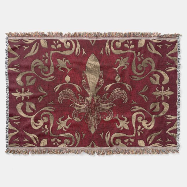 Manta Ornamento rojo y oro de flores de lis (Anverso)