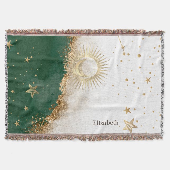 Manta Oro Celestial Sol Y Luna Estrellas Verde (Anverso)
