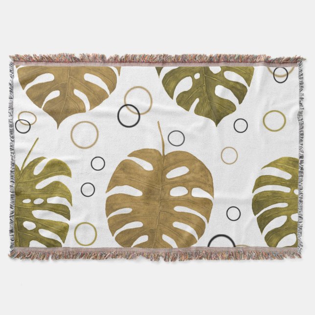 Manta Oro tropical: acuarela de hoja de monstera (Anverso)