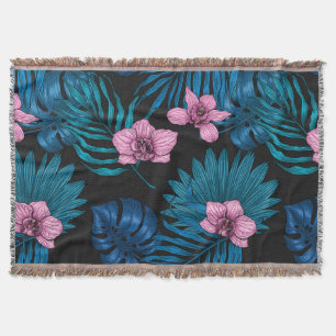 Manta Orquídeas y hojas de palma, rosa y azul en negro