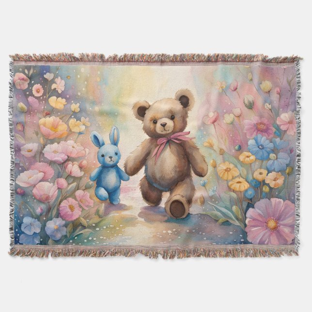 Manta Oso de peluche y conejo en un jardín pastel (Anverso)