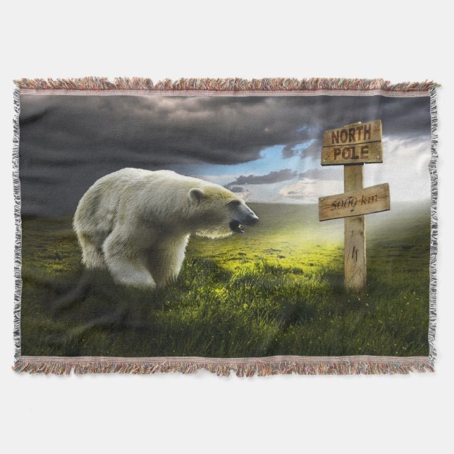 Manta Oso polar mirando el cartel de madera del polo nor (Anverso)
