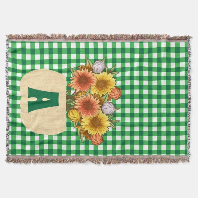 Manta Otoño girasoles y calabazas verde Gingham (Anverso)