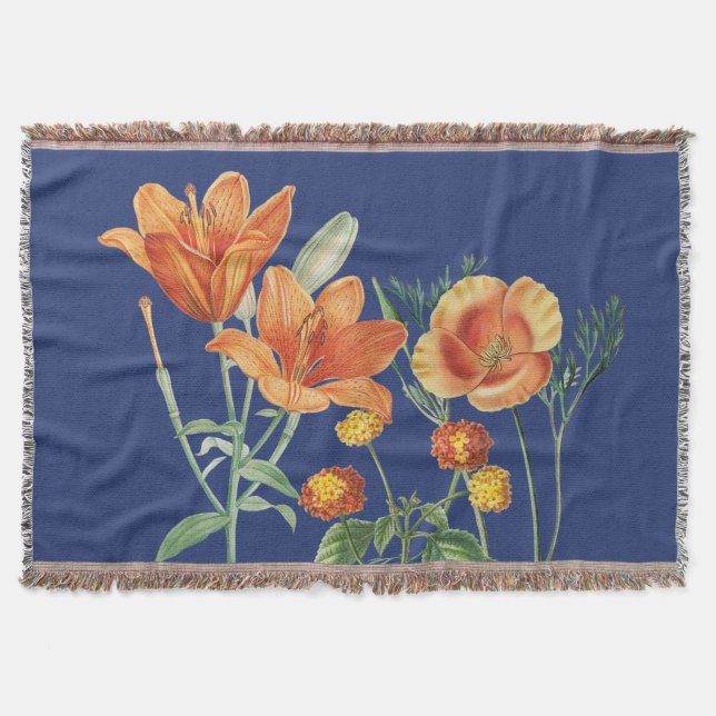 Manta Otoño Naranja de acuarela Floral Azul (Anverso)