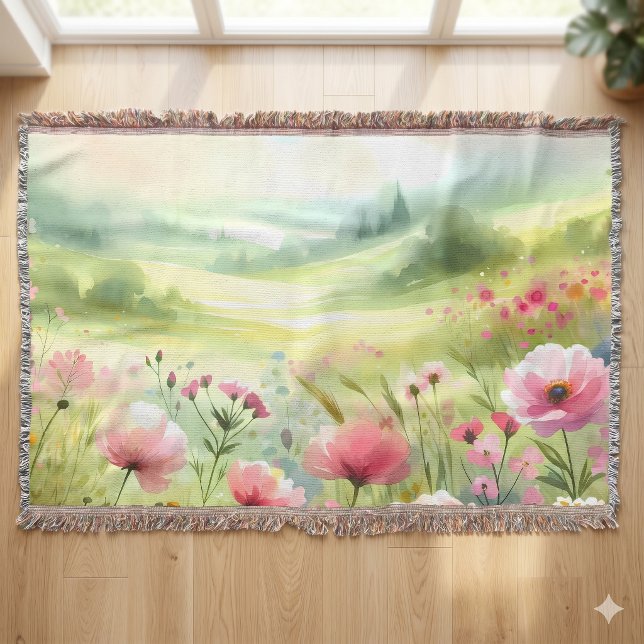 Manta Paisaje de pradera de flores silvestres pastel (Pastel Wildflower Meadow Landscape Throw Blanket)