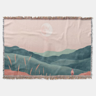 Manta Paisaje montañoso boho de luna rosa teal