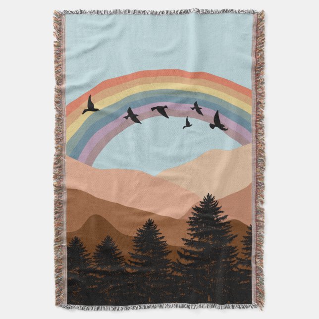 Manta Paisaje Resumen Árboles forestales Arcoiris y Aves (Frente vertical)