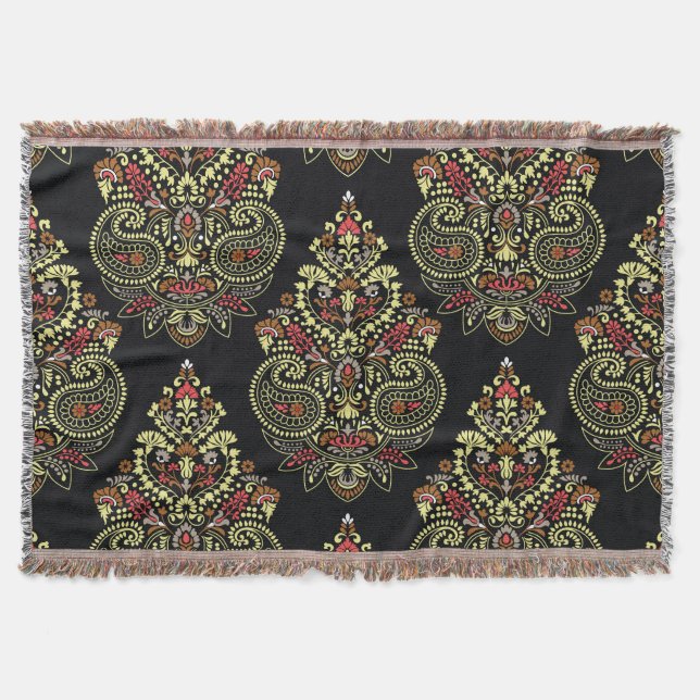 Manta Paisley indio, fondo geométrico negro (Anverso)