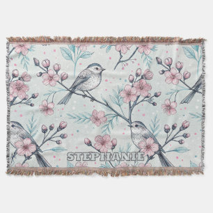 Manta Pájaros Turquesa Elegantes Flor de Cerezo Rosa