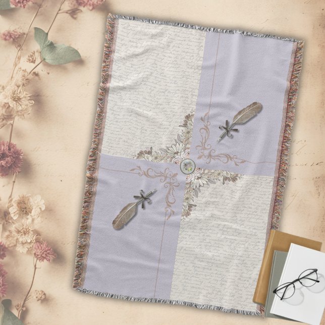 Manta Pale Lavender Serene Manuscript Woven Fringe (Unwind in tranquil lavender comfort. 💜 This beautiful woven throw creates a serene atmosphere.)