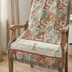 Manta Pareja de monograma floral boho de terracota