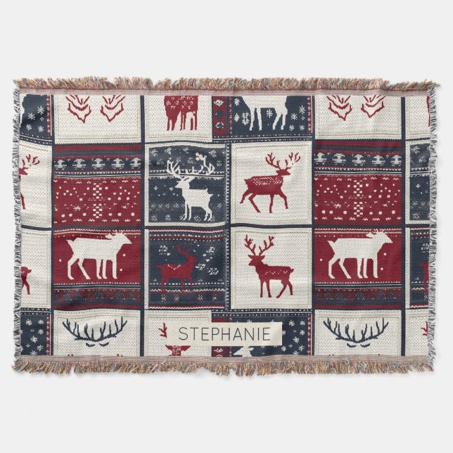Manta Patchwork de Navidades nórdicos | Reno de punto (Anverso)