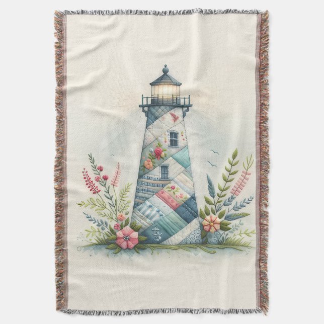 Manta Patchwork Lighthouse Coastal Floral Scene (Frente vertical)