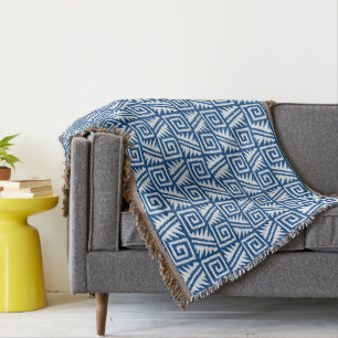 Manta Patrón Azteca Ikat - Azul cobalto y blanco