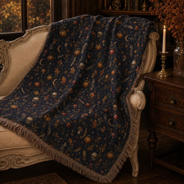 Manta Patrón Botánico Oscuro de Samhain Gótico Vintage (Vintage Gothic Samhain Dark Botanical Pattern Throw Blanket)