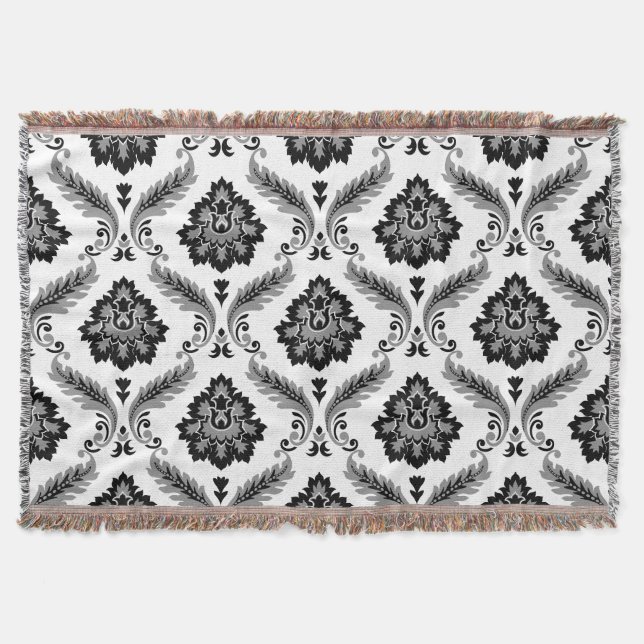 Manta Patrón de Damasco Rococó Gris Negro Blanco (Anverso)