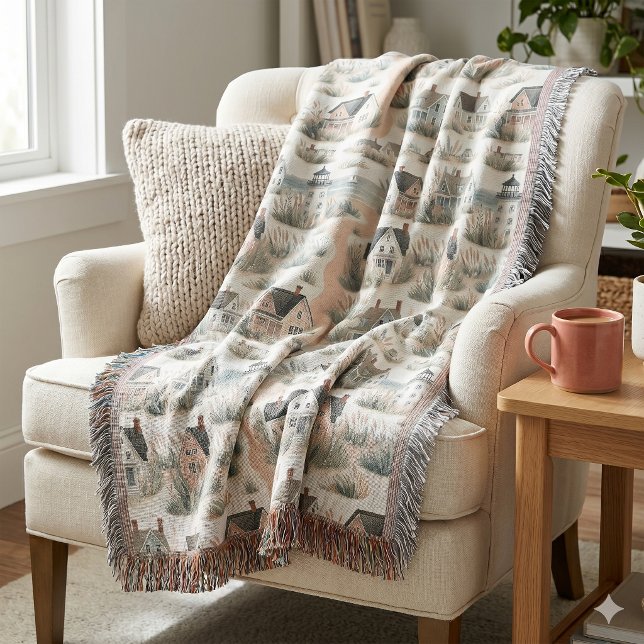 Manta Patrón de faro de cabaña costera (Coastal Cottage Lighthouse Pattern Throw Blanket)