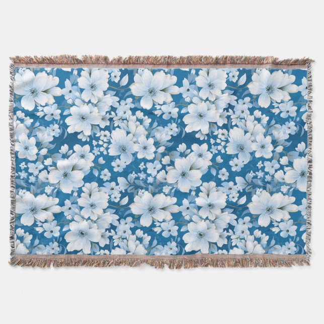 Manta patrón de flores blancas, fondo azul, (Anverso)