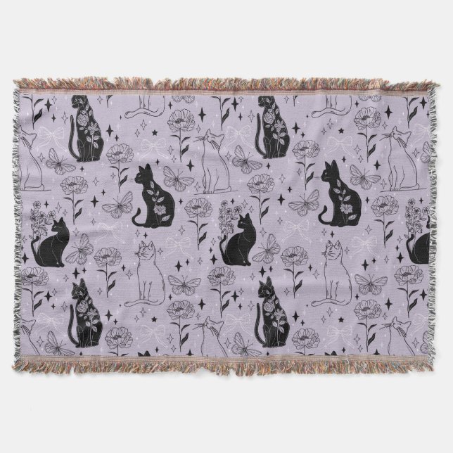 Manta Patrón de gato negro místico y mariposa | Brujería (Anverso)