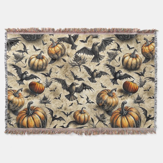 Manta Patrón de Halloween de calabazas, cuerdas y murcié (Anverso)