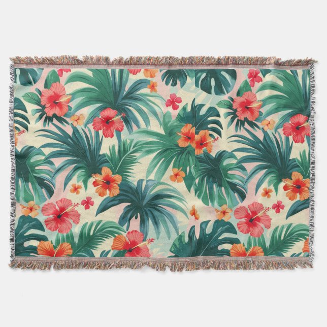 Manta Patrón de hibiscos tropicales y hojas de palma (Anverso)