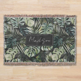 Manta Patrón de hojas de selva tropical verde acuarela