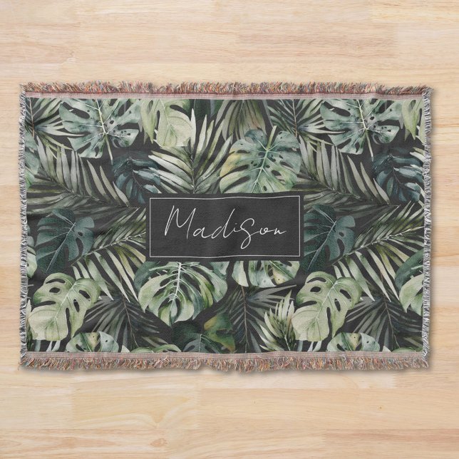 Manta Patrón de hojas de selva tropical verde acuarela (In situ)