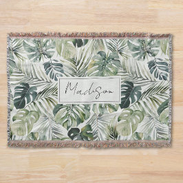 Manta Patrón de hojas de selva tropical verde acuarela