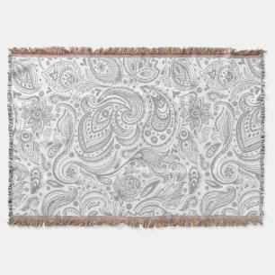 Manta Patrón De Paisley Floral Plateado Gris Y Blanco