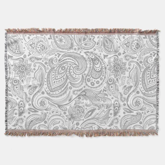 Manta Patrón De Paisley Floral Plateado Gris Y Blanco (Anverso)