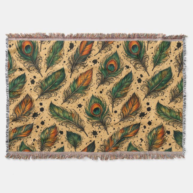 Manta Patrón de plumas de pavo real bohemio (Anverso)