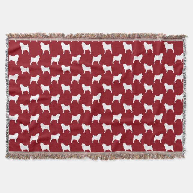 Manta Patrón de Siluetas de Pug Rojo y Blanco (Anverso)