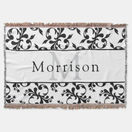 Manta Patrón elegante de damasco francés blanco y negro