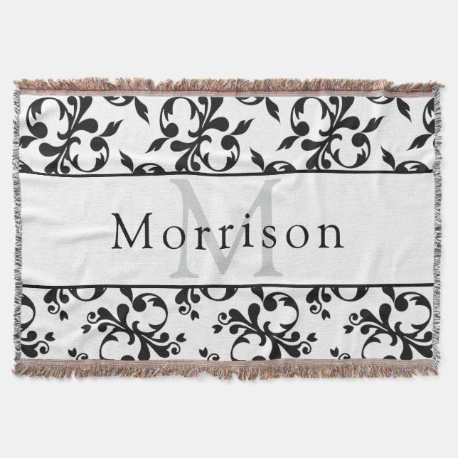 Manta Patrón elegante de damasco francés blanco y negro (Anverso)