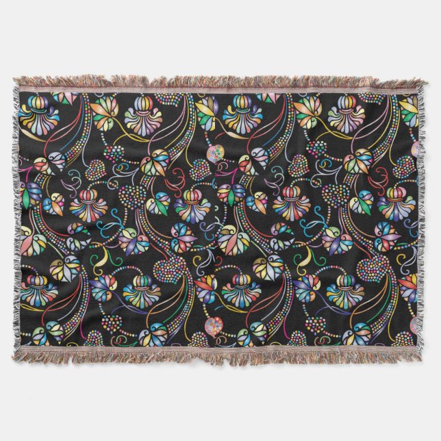 Manta Patrón floral antiguo multicolor sobre negro (Anverso)