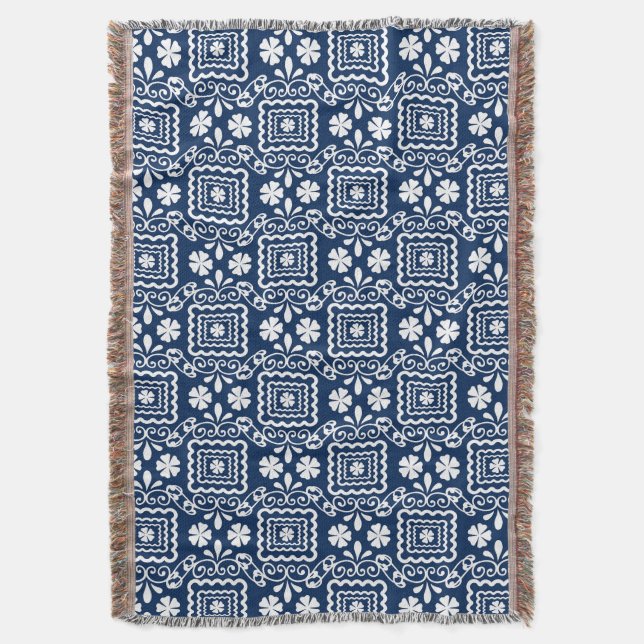 Manta patrón floral azul blanco retro sesenta (Frente vertical)