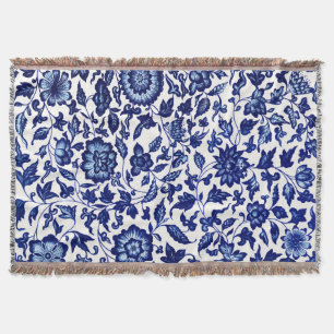 Manta Patrón floral azul marino oscuro chino sobre blanc