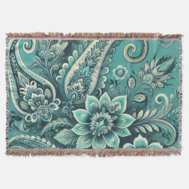 Manta Patrón floral de cachemira turquesa (Anverso)