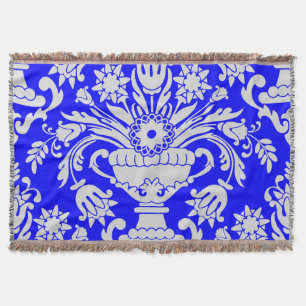 Manta Patrón floral de Damasco azul y blanco elegante