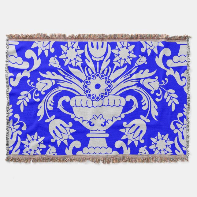 Manta Patrón floral de Damasco azul y blanco elegante (Anverso)