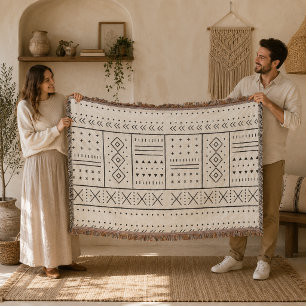 Manta Patrón geométrico tribal de marfil negro Boho mo