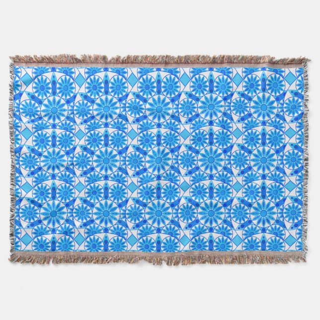 Manta Patrón Mandala, azul cobalto, turquesa y blanco (Anverso)