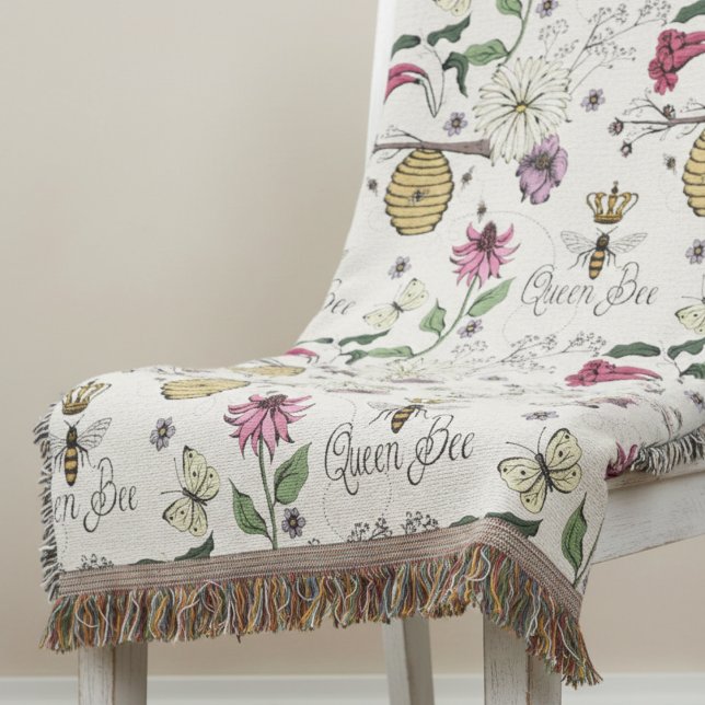 Manta Patrón moderno de Ilustracion floral Reina de marf (Elegant Nature Inspired Floral Queen Bee, Wildflowers, Beehive Insect Bee Throw Blankets for Her)